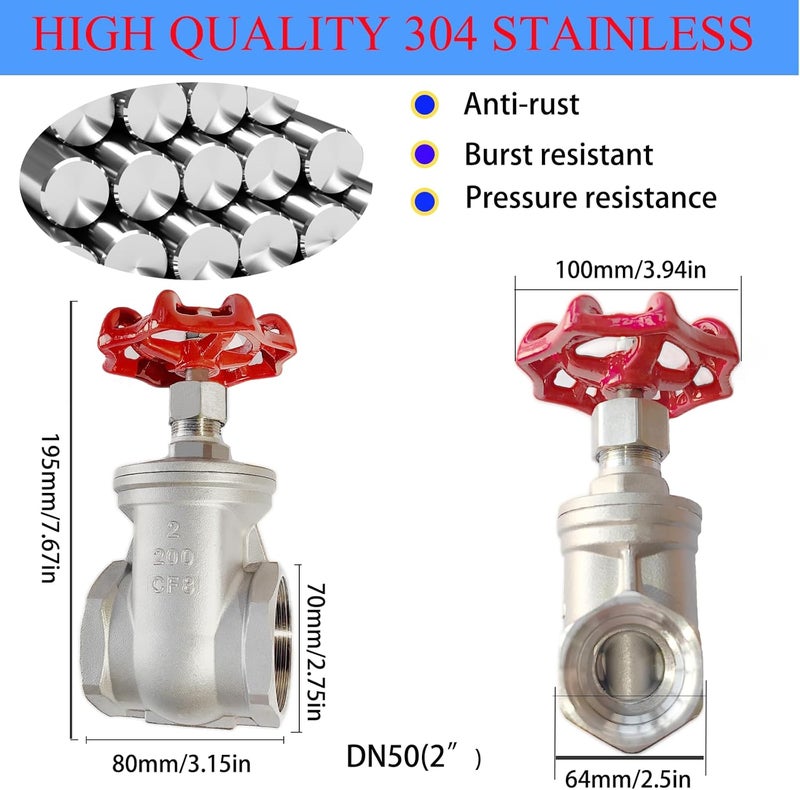 GUXGUY 304 Stainless Steel Gate Valve DN50, 2" NPT Stainless Steel Female Threaded Rotary Globe Valve for Water Flow Switches, Fuel Water Vapor, Air Switches, Air Compressors and Sump Pumps, etc - Image 2